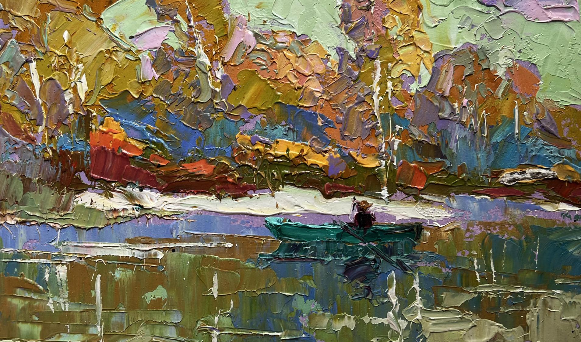 Oil painting Early Autumn Has Arrived by Oksana Ivanyuk: green boat on calm waters