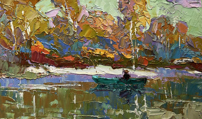 Oil painting Early Autumn Has Arrived by Oksana Ivanyuk: green boat on calm waters