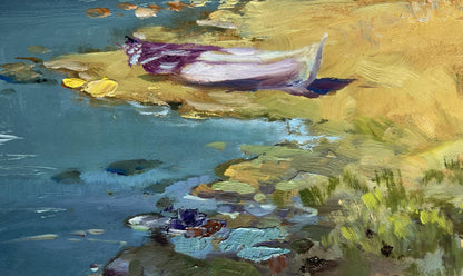Oil painting of striped boat on yellowish shore by blue sea by Yuriy Suprunchuk