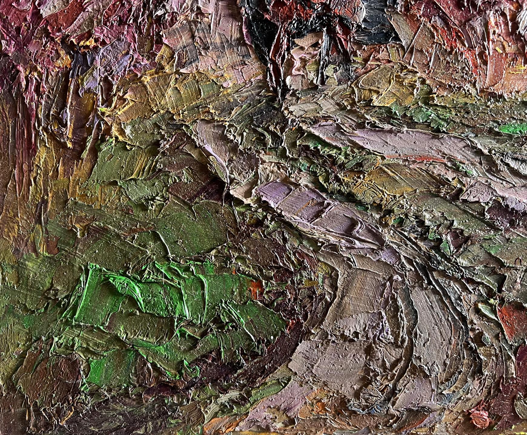 Oil painting of horse walking path by Boris Serdyuk, impasto earthy tones