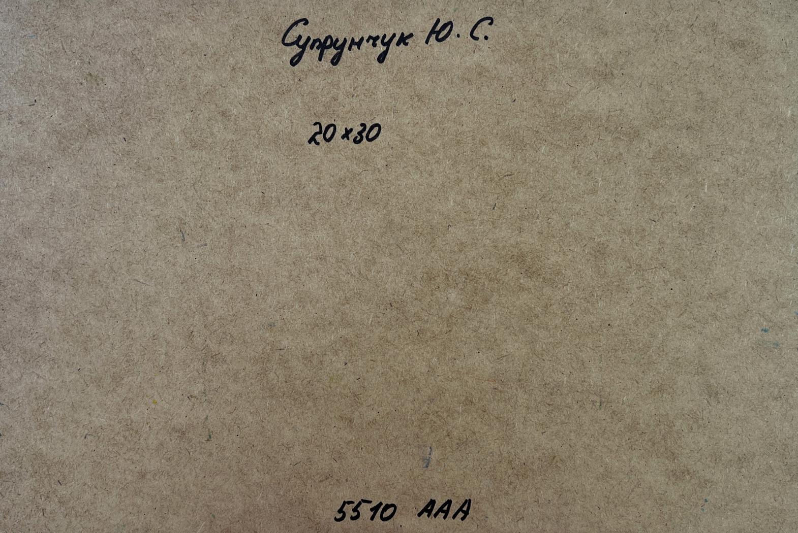 Back of Yuriy Suprunchuk oil painting Rural idyll with beige paper Cyrillic text
