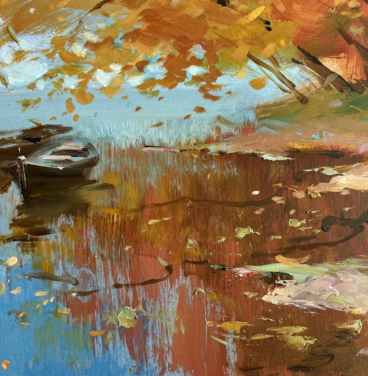 Oil painting Whisper of Autumn Leaves by the River by Yuriy Suprunchuk
