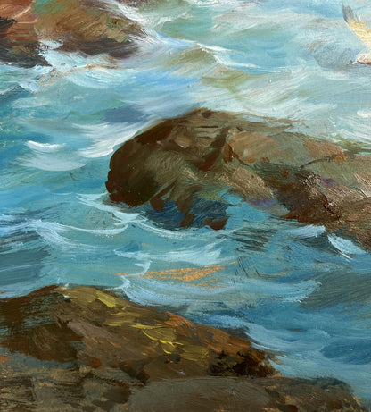 Oil painting Song of the Waves and Wind by Yuriy Suprunchuk: turbulent waves on rocks