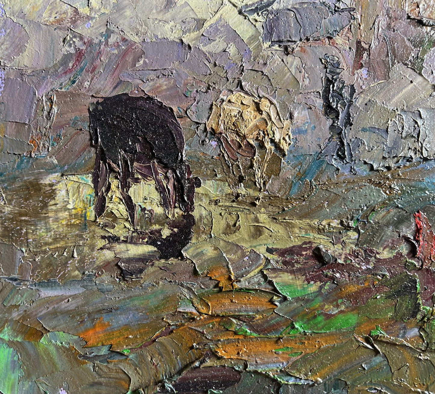 Oil painting Autumn morning fog by Boris Serdyuk, shadowy figure in impasto