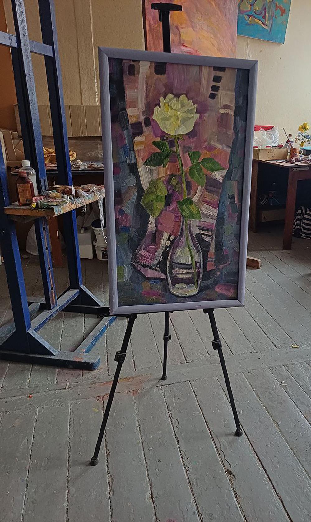 Oil painting White rose Tatyana Shulyak framed pale yellow rose in vase