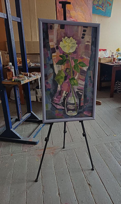 Oil painting White rose Tatyana Shulyak framed pale yellow rose in vase