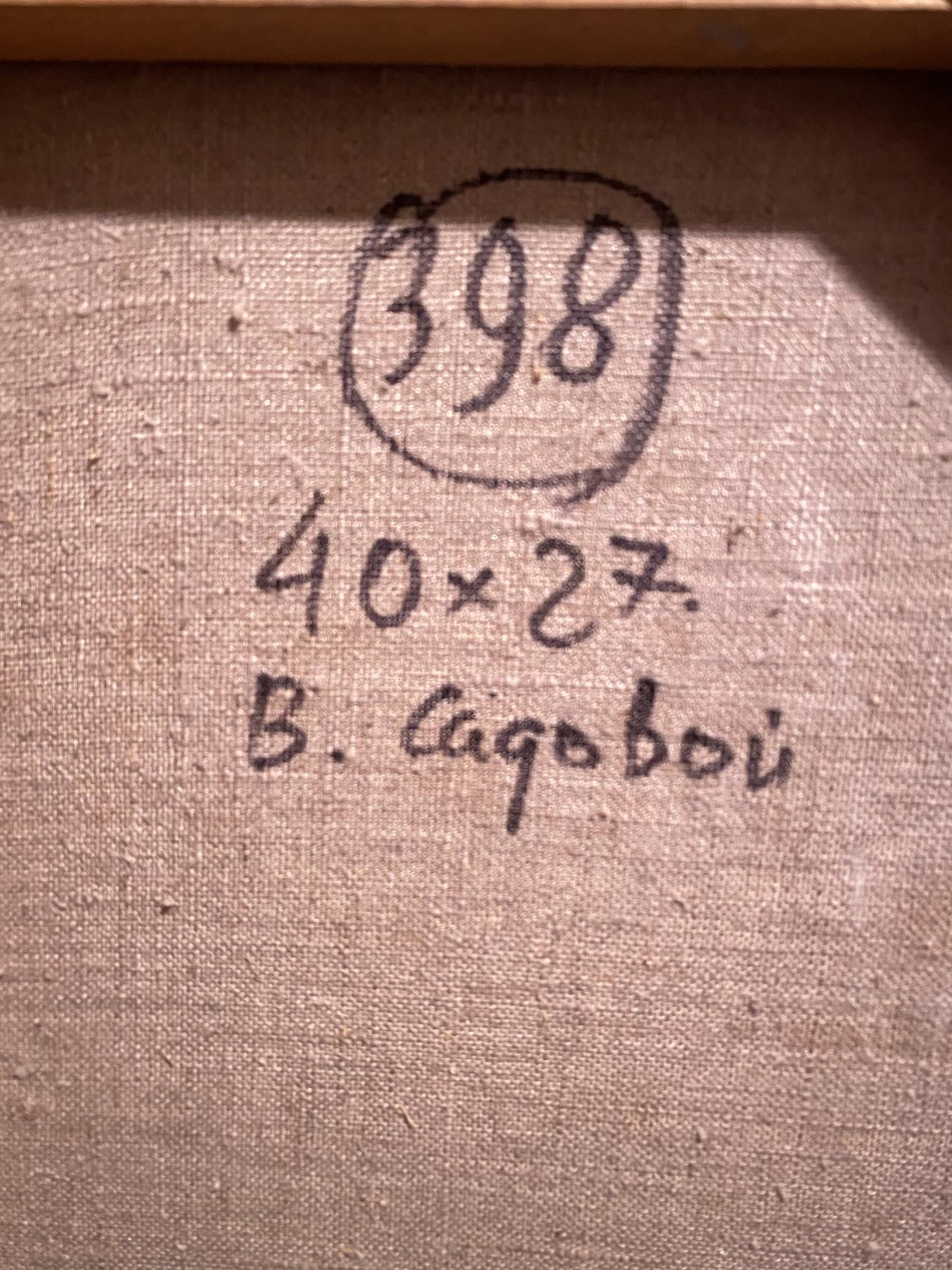 Back of Oil painting St. Nicholas Church Vladimir Sadovoy beige linen canvas with markings 398 40x27 b signature