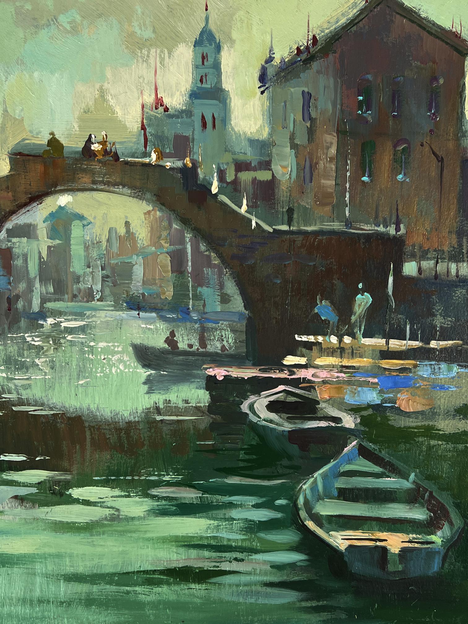 Oil painting of Venice canal with stone bridge, boats, and city buildings by Yuriy Suprunchuk