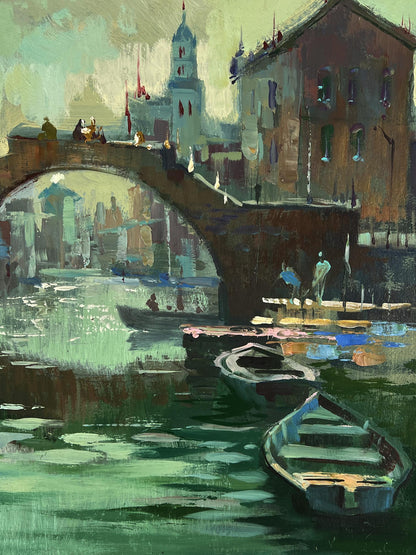 Oil painting of Venice canal with stone bridge, boats, and city buildings by Yuriy Suprunchuk
