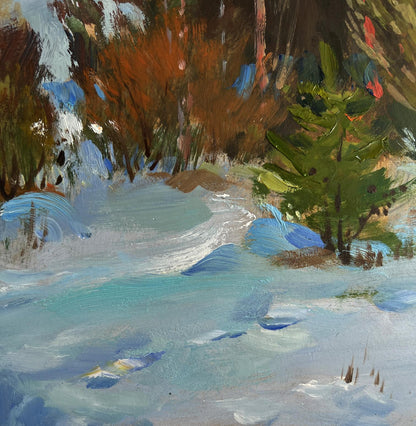 Textured impressionist oil painting Path in the winter forest by Yuriy Suprunchuk