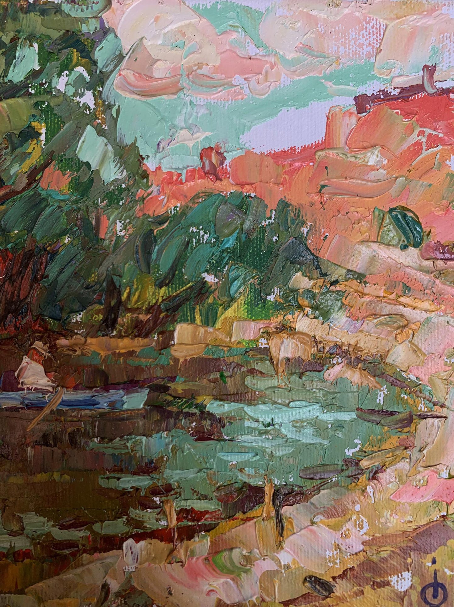Vibrant impressionist oil painting of rocky landscape on blue boat by Oleksiy Ivanyuk