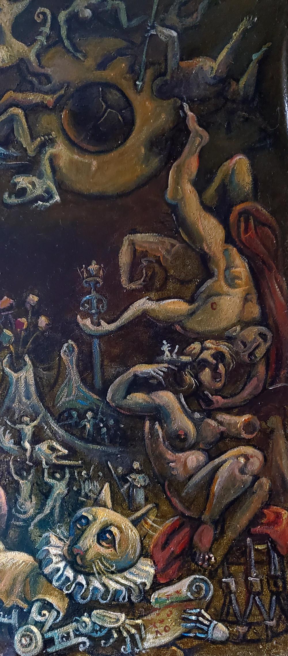 Surreal oil painting Eclipse by Daniil Litvinov with distorted figures
