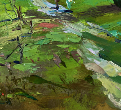 Oil painting by Yuriy Suprunchuk: textured green path to rural field