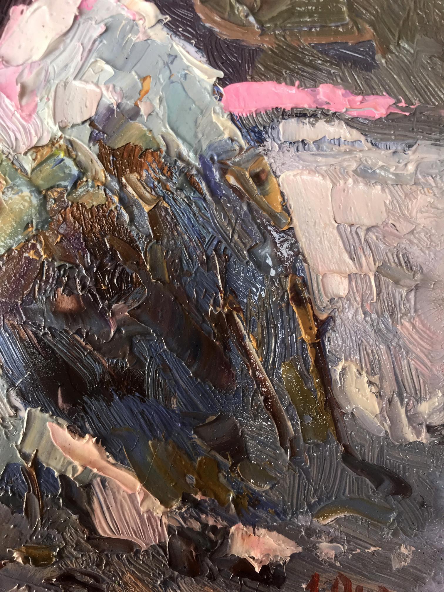 Moonlit frosty night oil painting by Oksana Ivanyuk with impasto grays