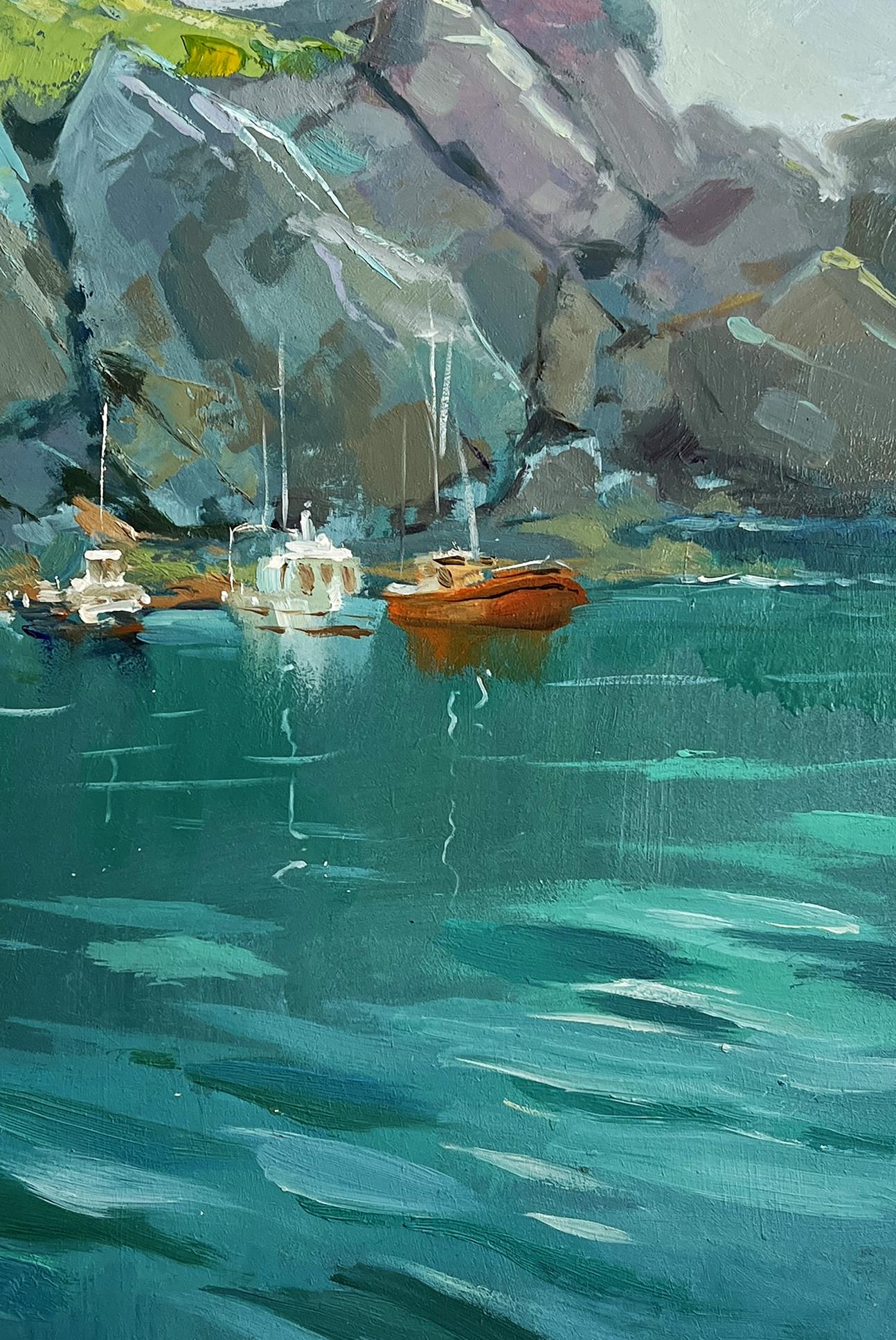 Oil painting by Yuriy Suprunchuk: orange boat in turquoise sea by gray rocks
