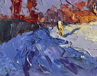Oil painting Sunny day in winter by Boris Serdyuk with impasto blues to fiery reds