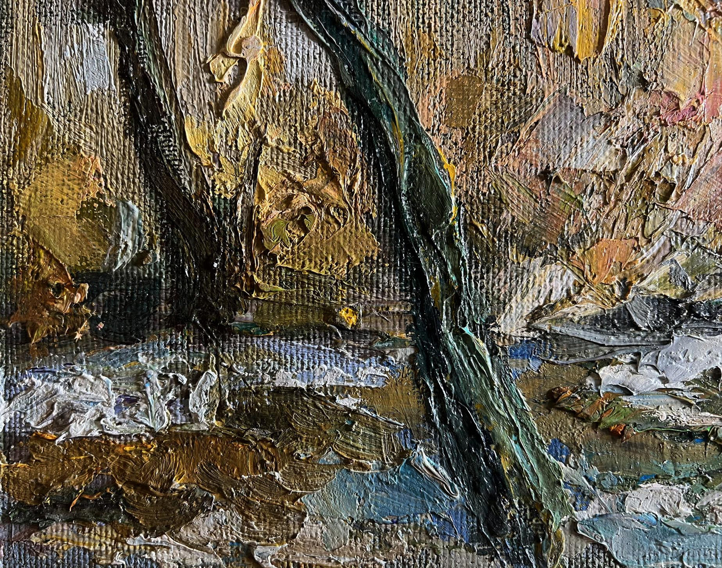 Impasto oil painting The first snow fell by Boris Serdyuk in gold brown green blue