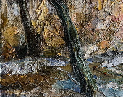 Impasto oil painting The first snow fell by Boris Serdyuk in gold brown green blue