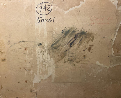 Back of Oil painting On the shore Osipov Alexander: peeling beige wallpaper with markings and stains
