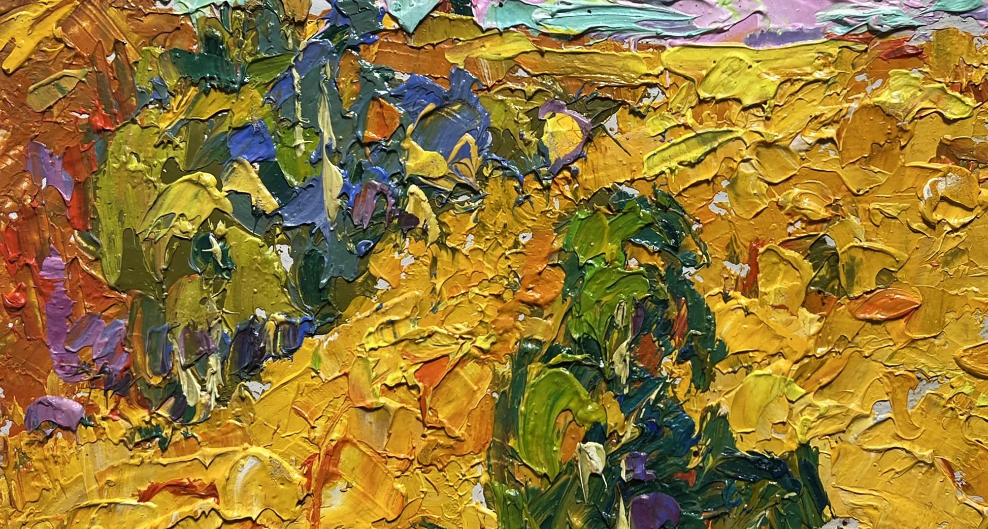 Vibrant impressionist oil painting Golden field among trees by Oleksiy Ivanyuk