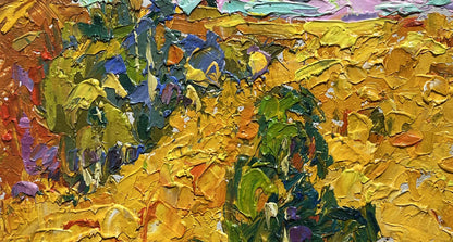 Vibrant impressionist oil painting Golden field among trees by Oleksiy Ivanyuk
