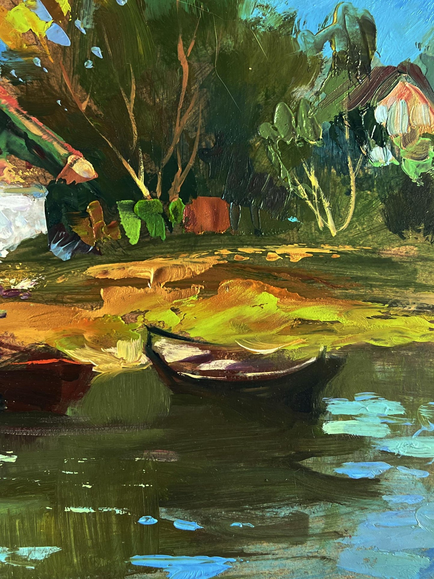 Oil painting of dark rowboat on calm water near house by Yuriy Suprunchuk