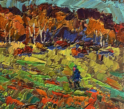 Oil painting of pumpkins growing in autumn garden by Oleksiy Ivanyuk