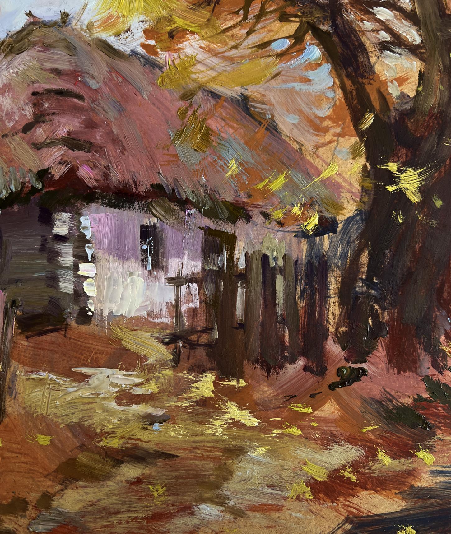 Oil painting of rustic street house with thatched roof in golden autumn leaves by Yuriy Suprunchuk