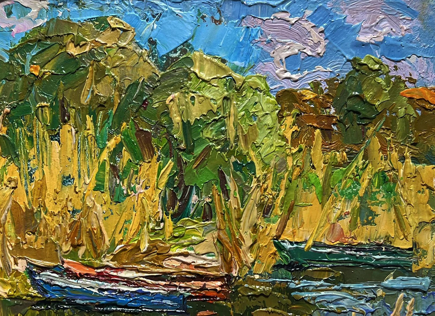 Vibrant impressionist oil painting of boats on shore by Oleksiy Ivanyuk