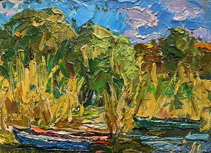 Vibrant impressionist oil painting of boats on shore by Oleksiy Ivanyuk