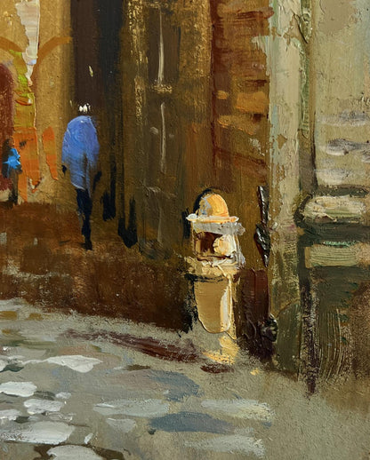 Oil painting by Yuriy Suprunchuk: weathered yellow fire hydrant on brick wall