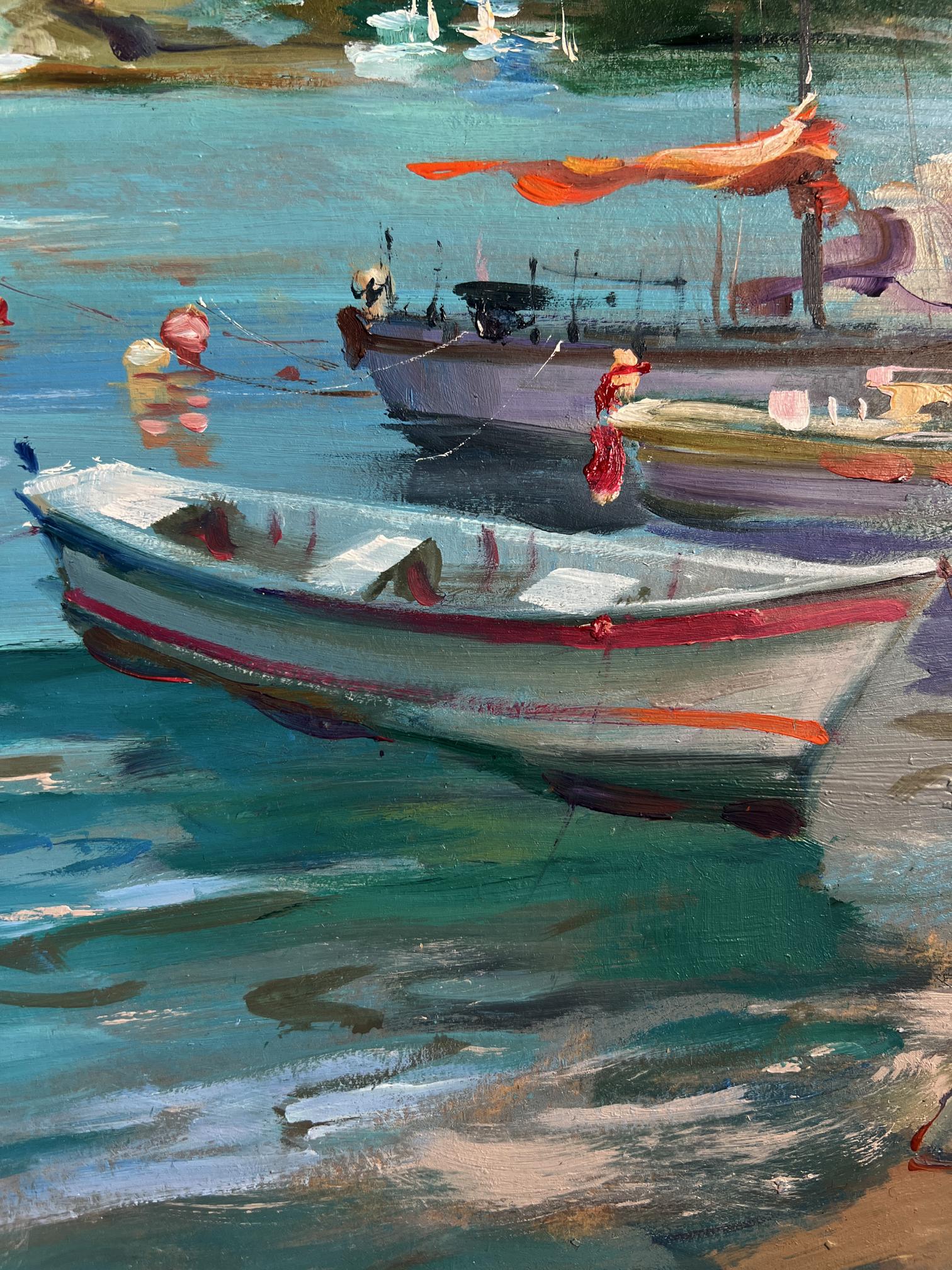 Oil painting of white rowboat with red orange accents by Yuriy Suprunchuk