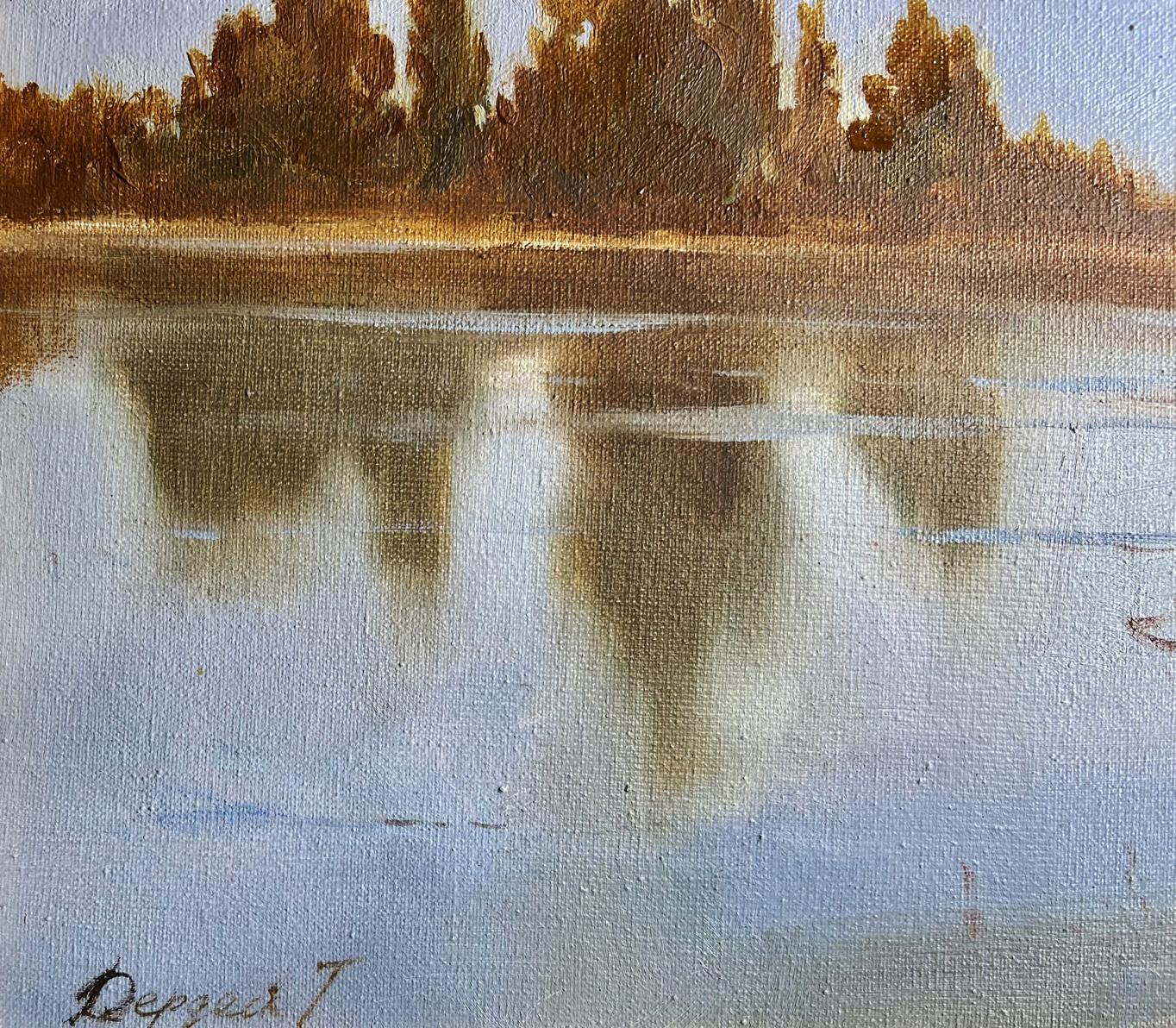 Serene oil painting Evening by the River by Tatyana Derdey, tranquil lake reflection