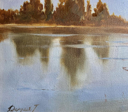 Serene oil painting Evening by the River by Tatyana Derdey, tranquil lake reflection