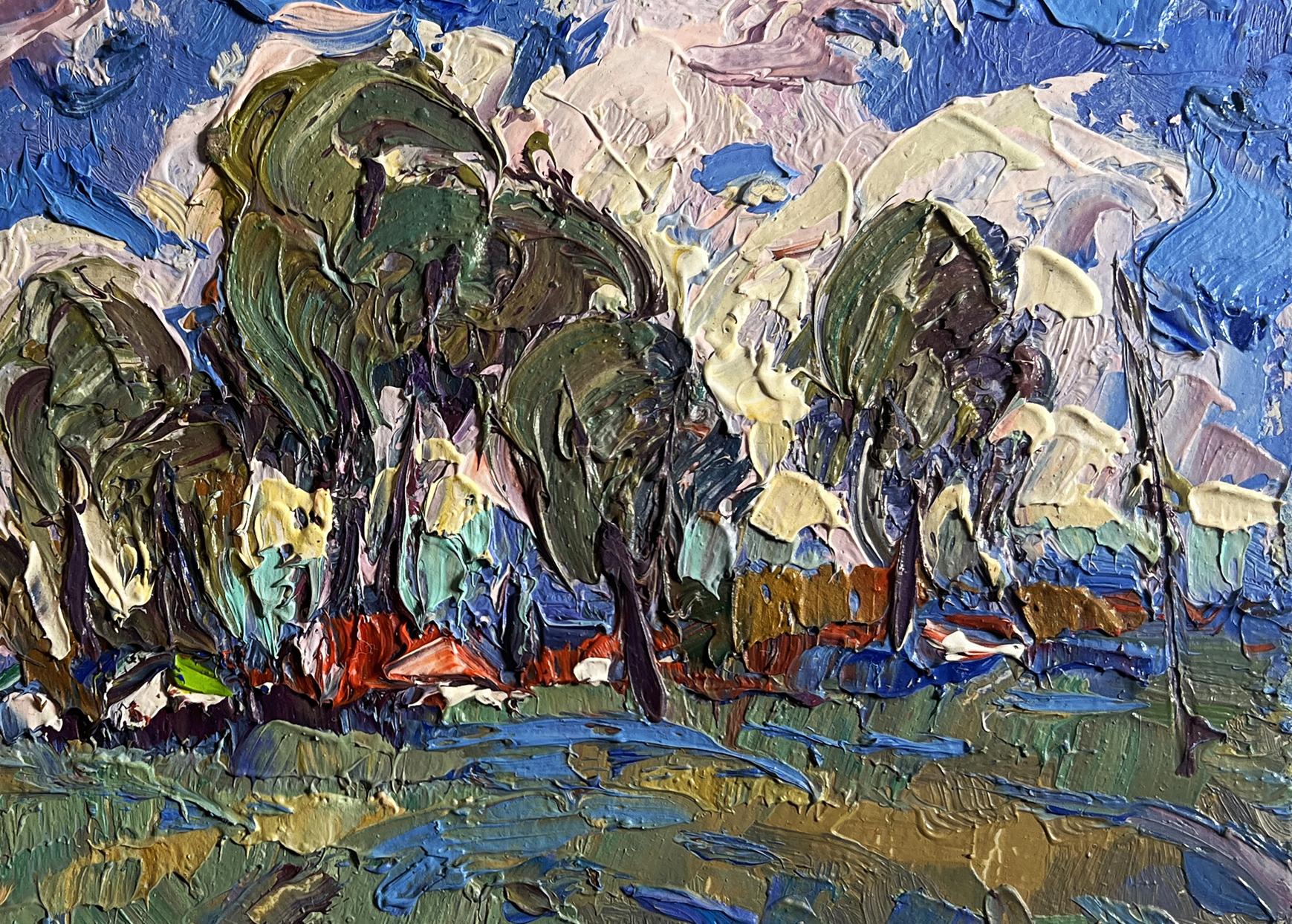 Vibrant impressionist oil painting by Oksana Ivanyuk: clouds over village with green trees