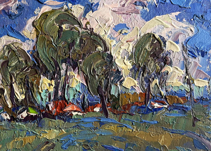 Vibrant impressionist oil painting by Oksana Ivanyuk: clouds over village with green trees