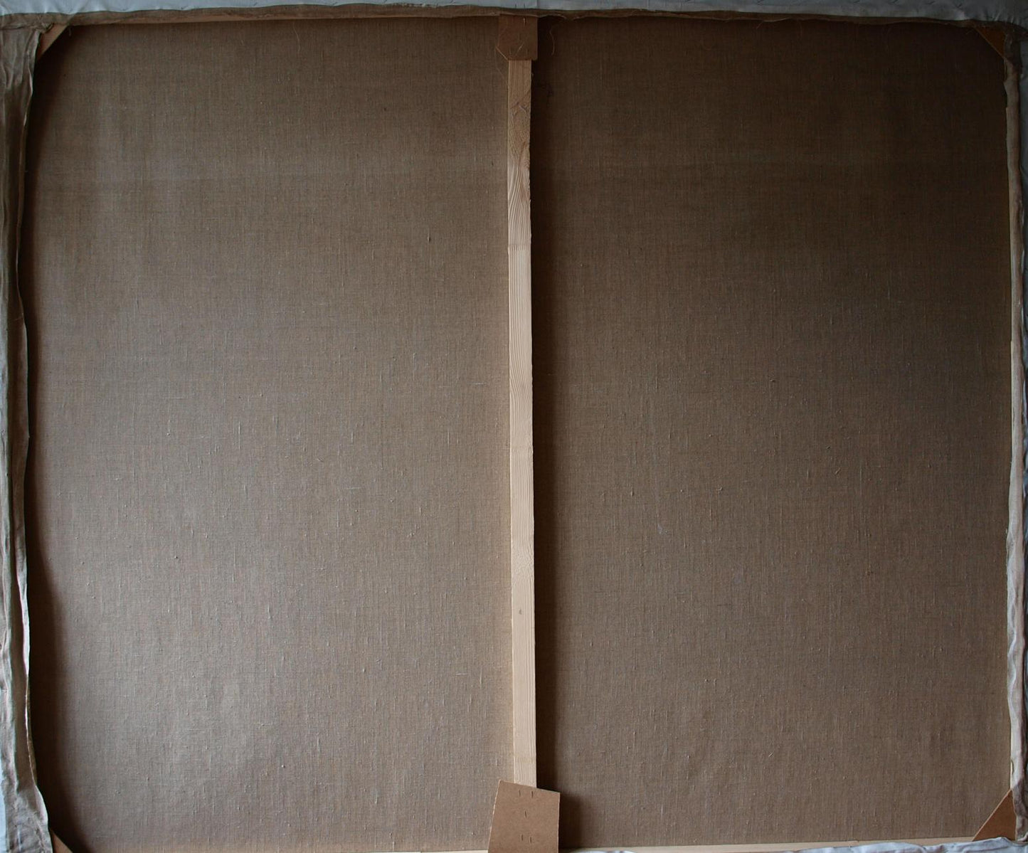 Back of Oil painting Brahmajyoti by Konsta G. Amelinn, brown canvas on wooden frame