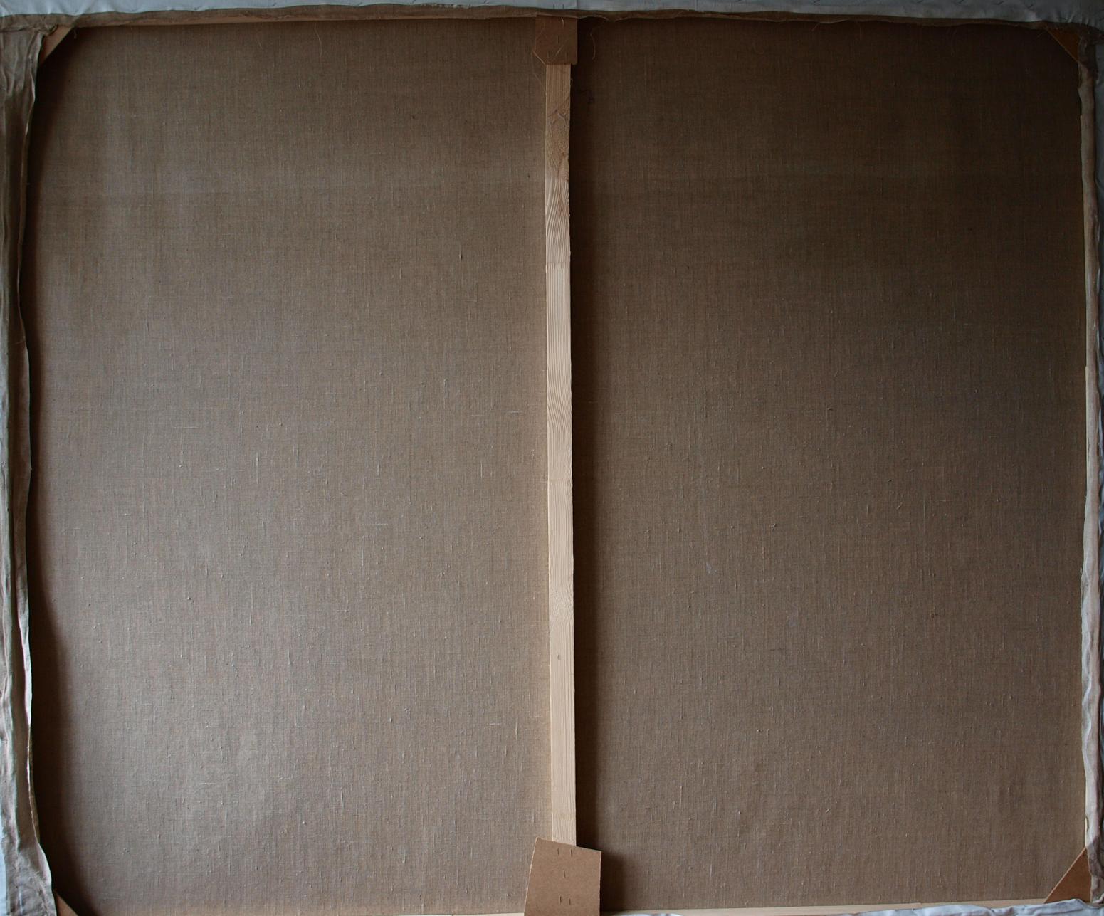 Back of Oil painting Brahmajyoti by Konsta G. Amelinn, brown canvas on wooden frame