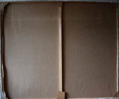 Back of Oil painting Brahmajyoti by Konsta G. Amelinn, brown canvas on wooden frame