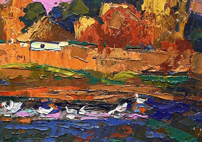 Vibrant impressionist oil painting Evening by the Lake by Oksana Ivanyuk