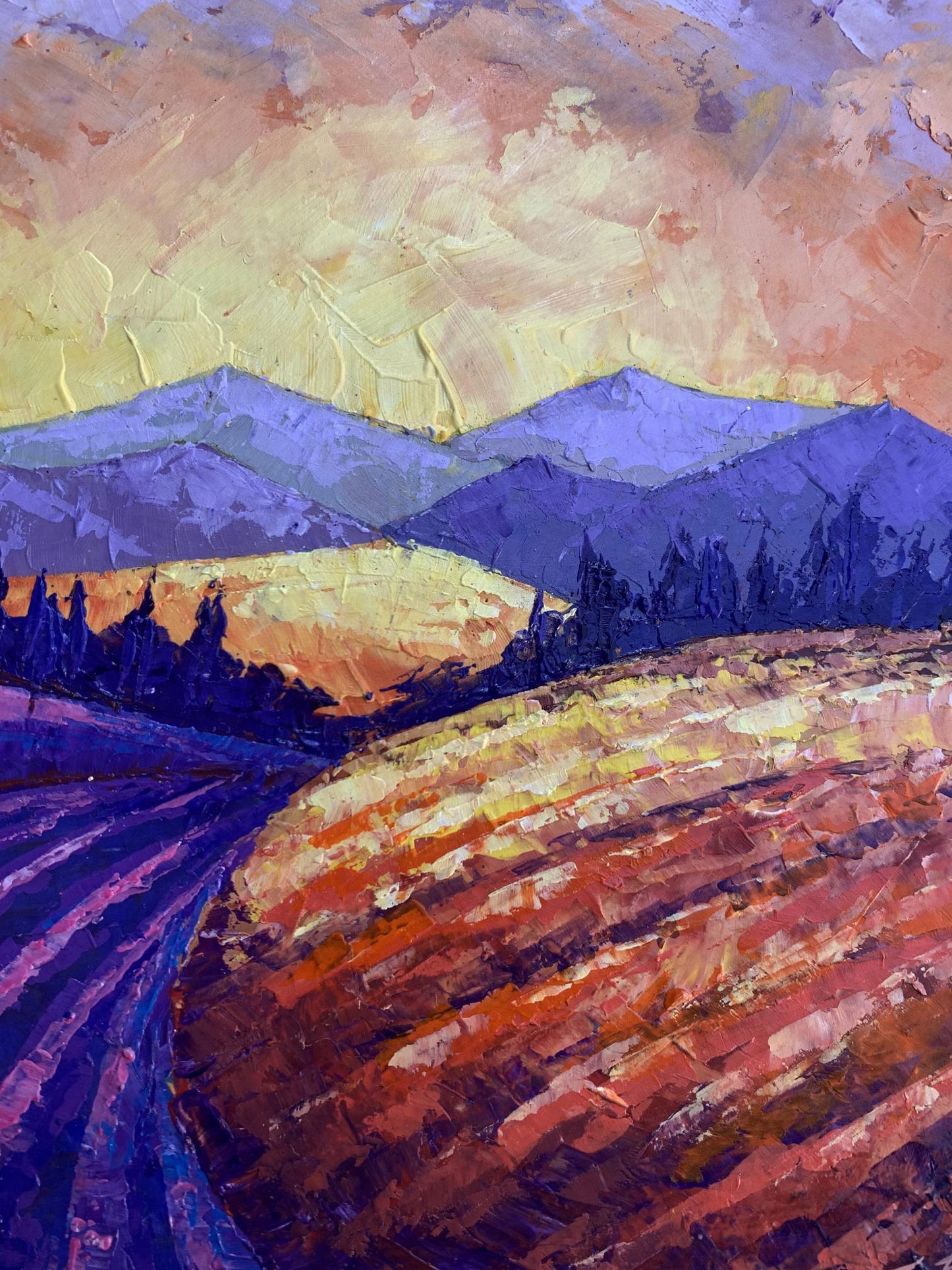 Vibrant impressionist oil painting Mountain Sunset by V. Zadorozhnya