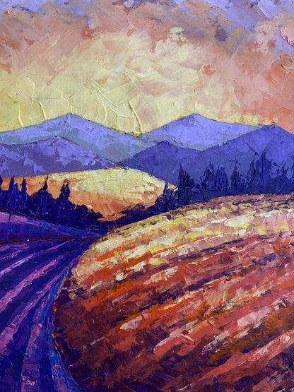 Vibrant impressionist oil painting Mountain Sunset by V. Zadorozhnya