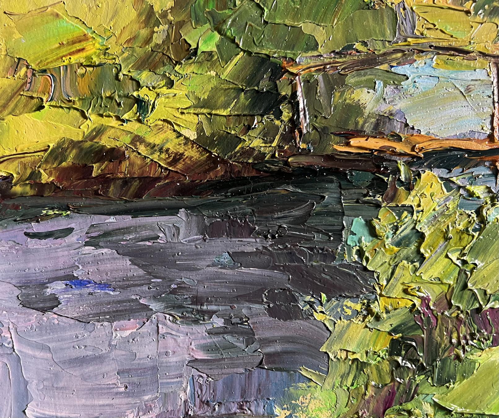 Oil painting landscape with geese by Boris Serdyuk, vibrant impasto greens over purple water
