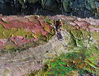 Oil painting of flowery mountain meadows by Boris Serdyuk, impasto greens and pinks
