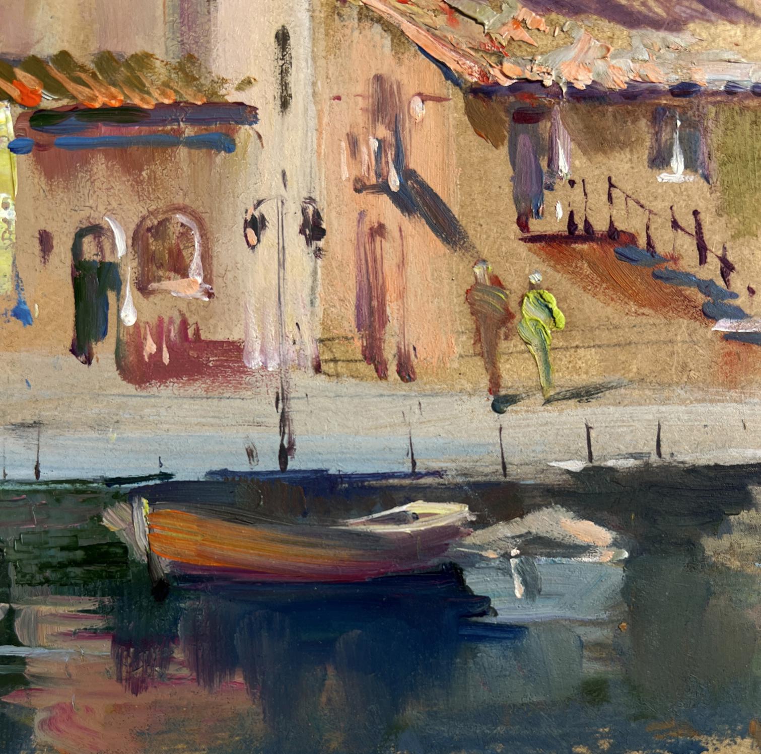 Oil painting of small wooden rowboat on calm water by Yuriy Suprunchuk