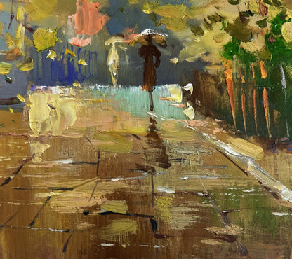 Person walking in rain under dark umbrella with flying autumn leaves, impasto oil painting by Yuriy Suprunchuk