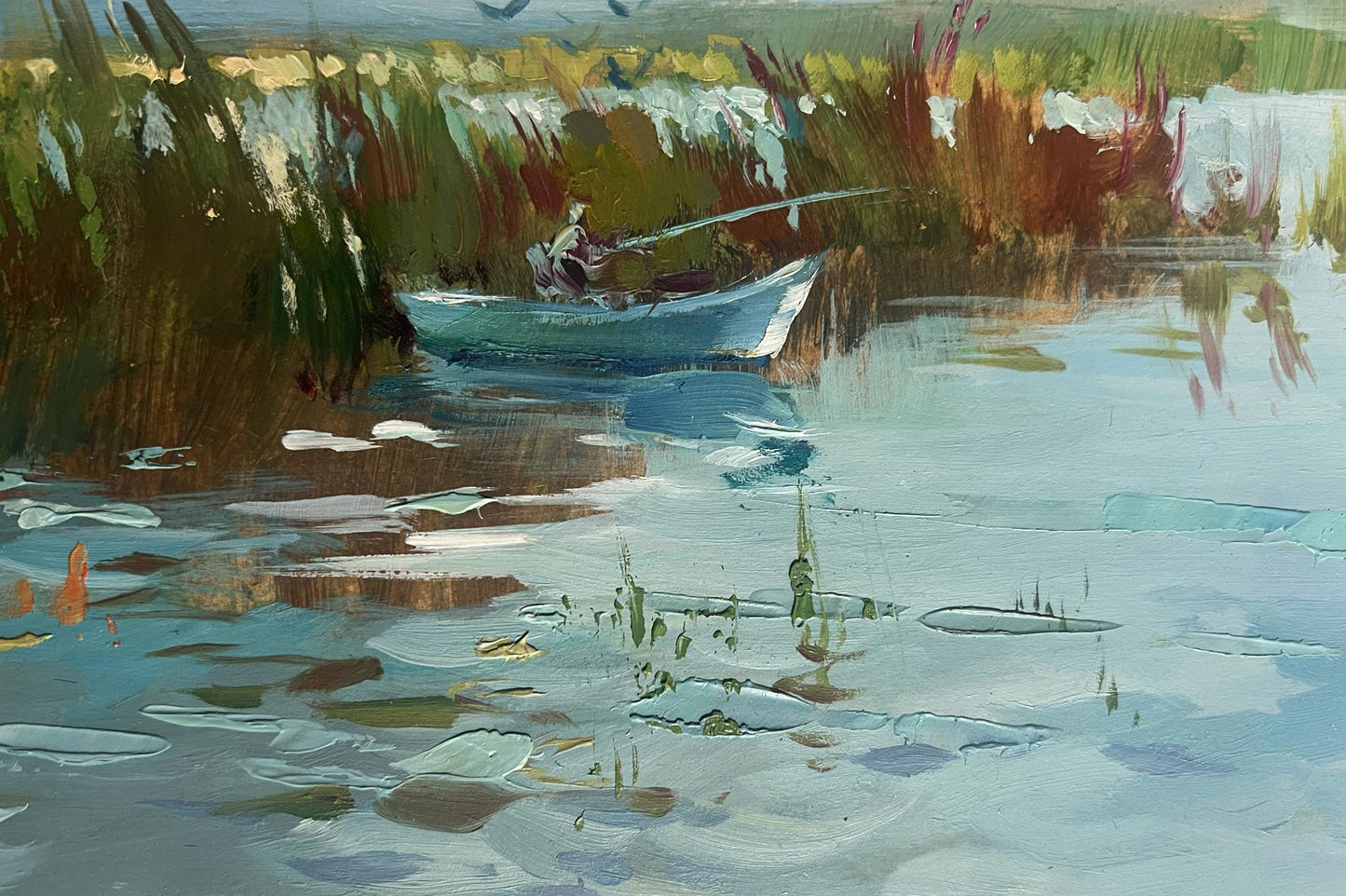 Impressionistic oil painting of light blue rowboat fishing among reeds by Yuriy Suprunchuk