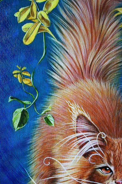 Oil painting of fluffy orange Lapusic sorcerer cat by Vira Goncharenko