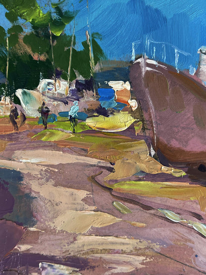 Oil painting of road to yacht club by Yuriy Suprunchuk dockside scene