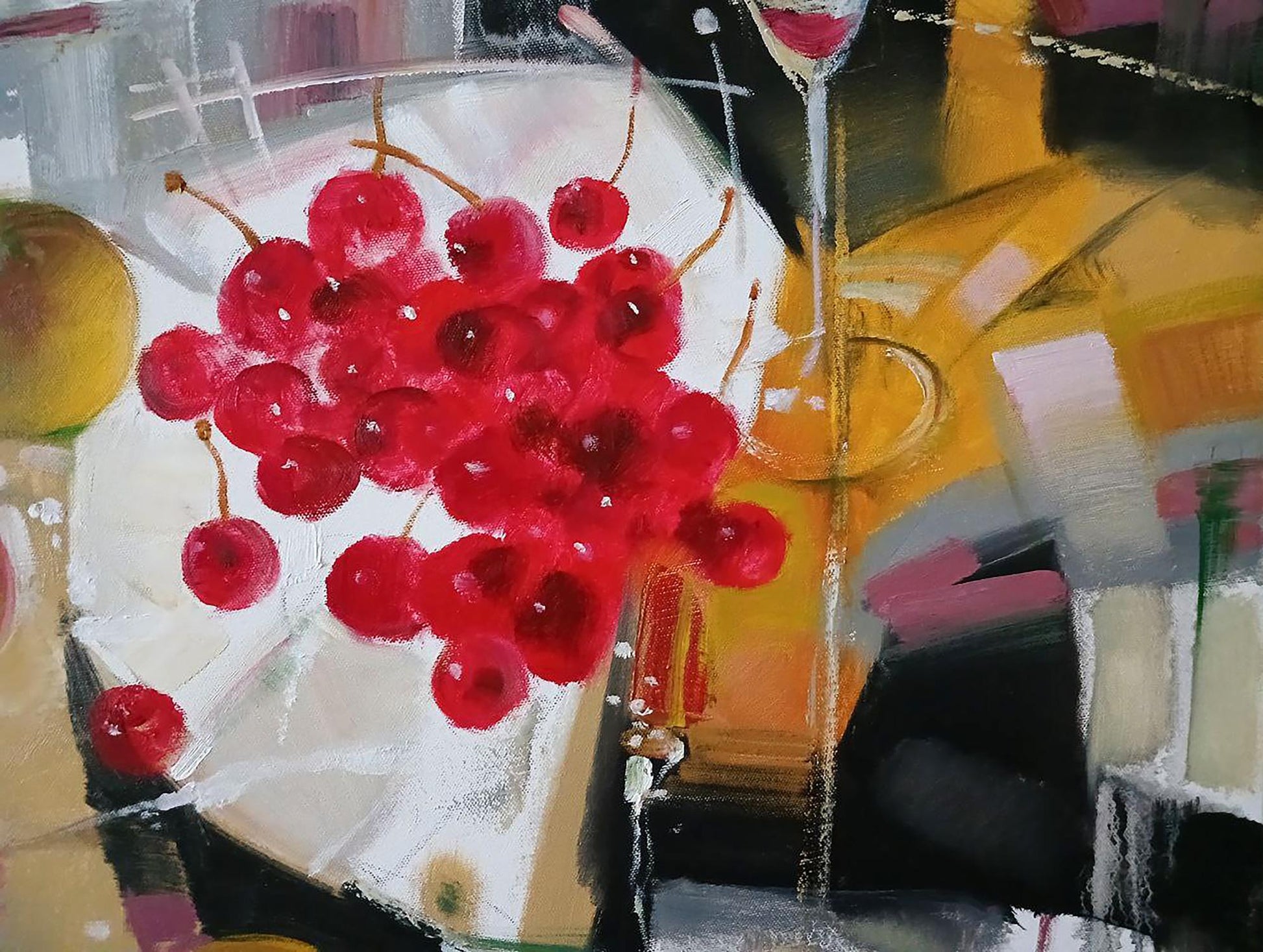 Abstract oil painting of vibrant red cherries by Anatoly Tarabanov